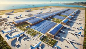 Güneş enerjisi panelleri yerleştirilmiş bir terminal (yapay zekâ)